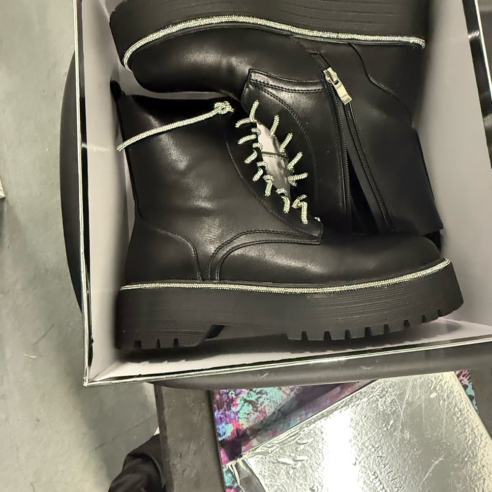 Women’s Rhinestone Trim Black Leather Boots